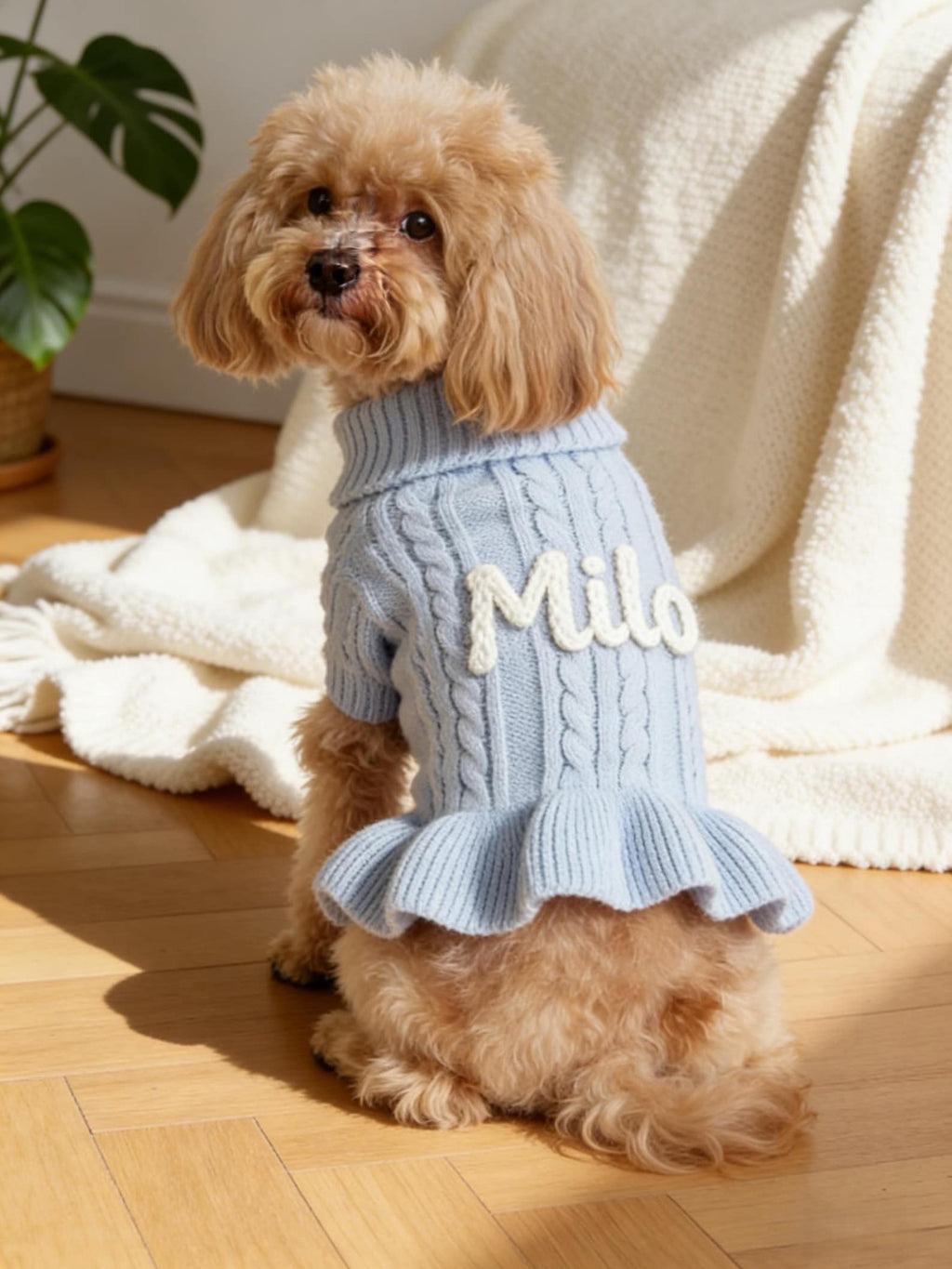 Muttechen® Personalisierter Hunde-Hoodie aus Wollmix – Handgefertigter Kapuzenpullover mit Namensstickerei