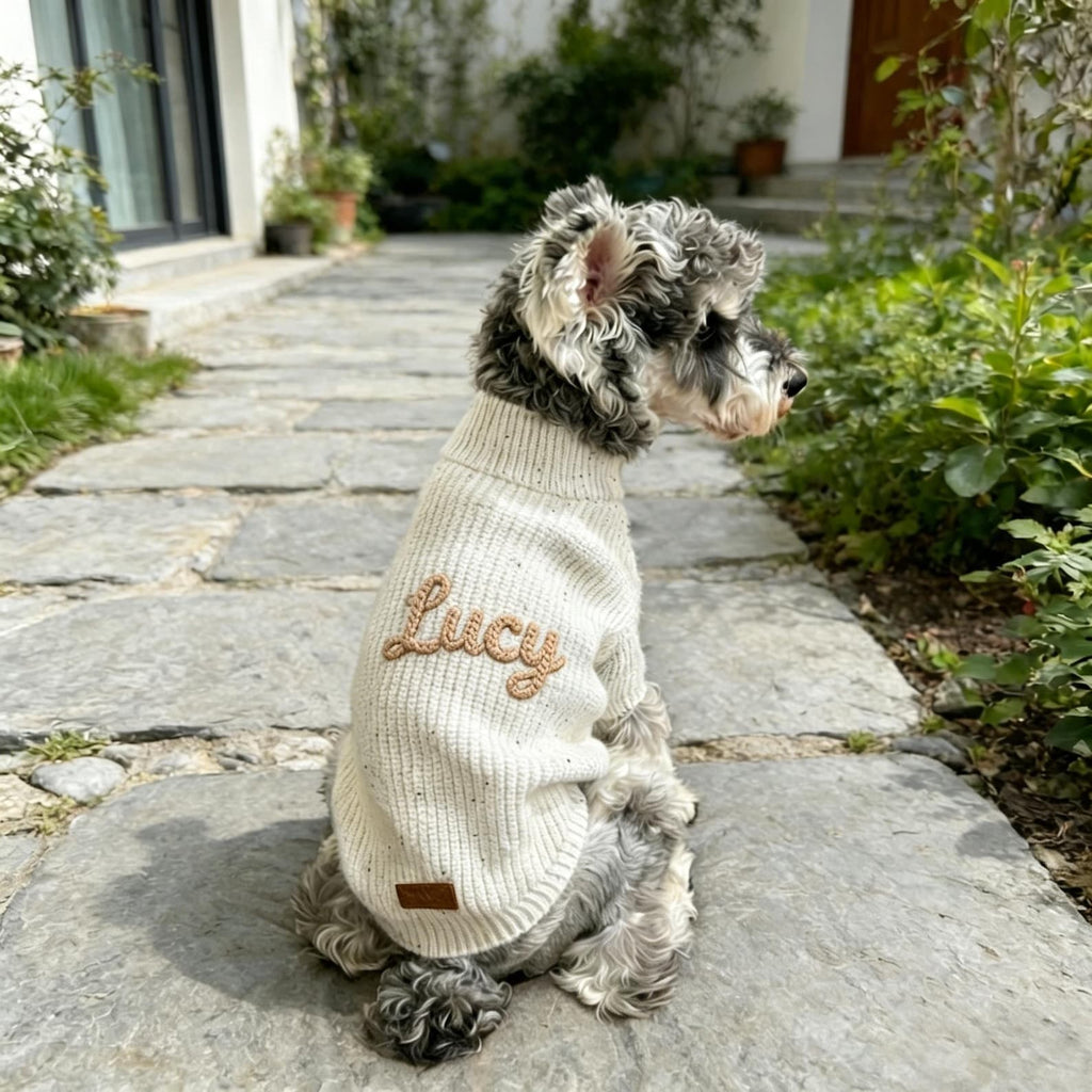 Muttechen® Personalisierter Hunde-Hoodie – Handgefertigter Pullover aus Wollmix mit Namenstickerei