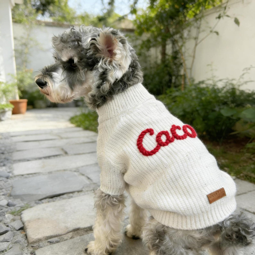 Muttechen® Personalisierter Hunde-Hoodie – Handgefertigter Pullover aus Wollmix mit Namenstickerei