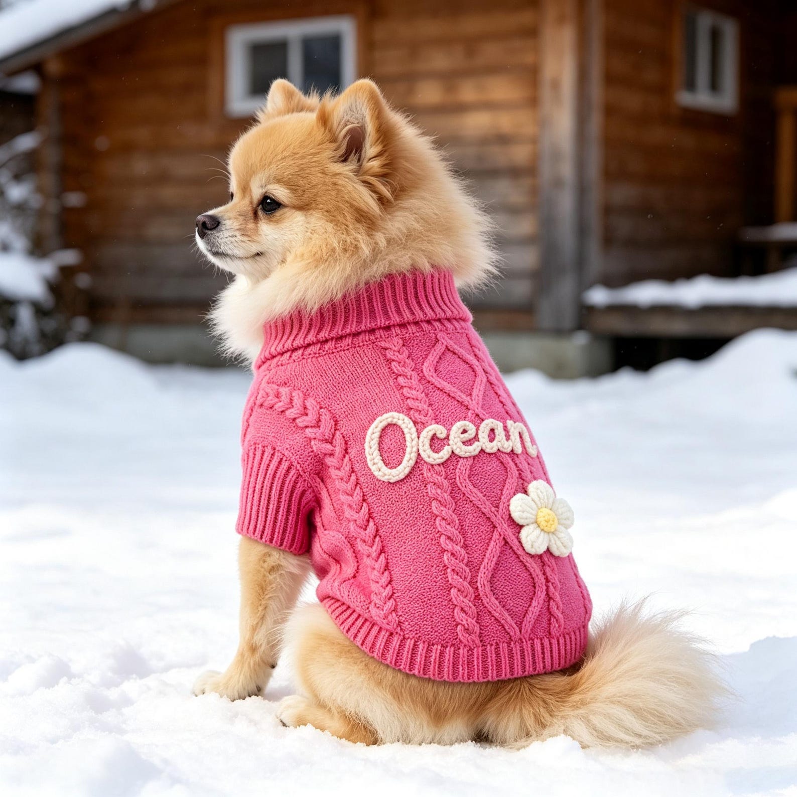 Muttechen® Personalisierter Zopfmuster-Hundepullover – Handgestrickter Pullover mit 3D-Namensstickerei